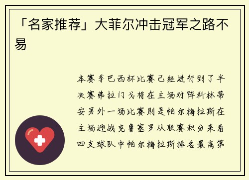 「名家推荐」大菲尔冲击冠军之路不易